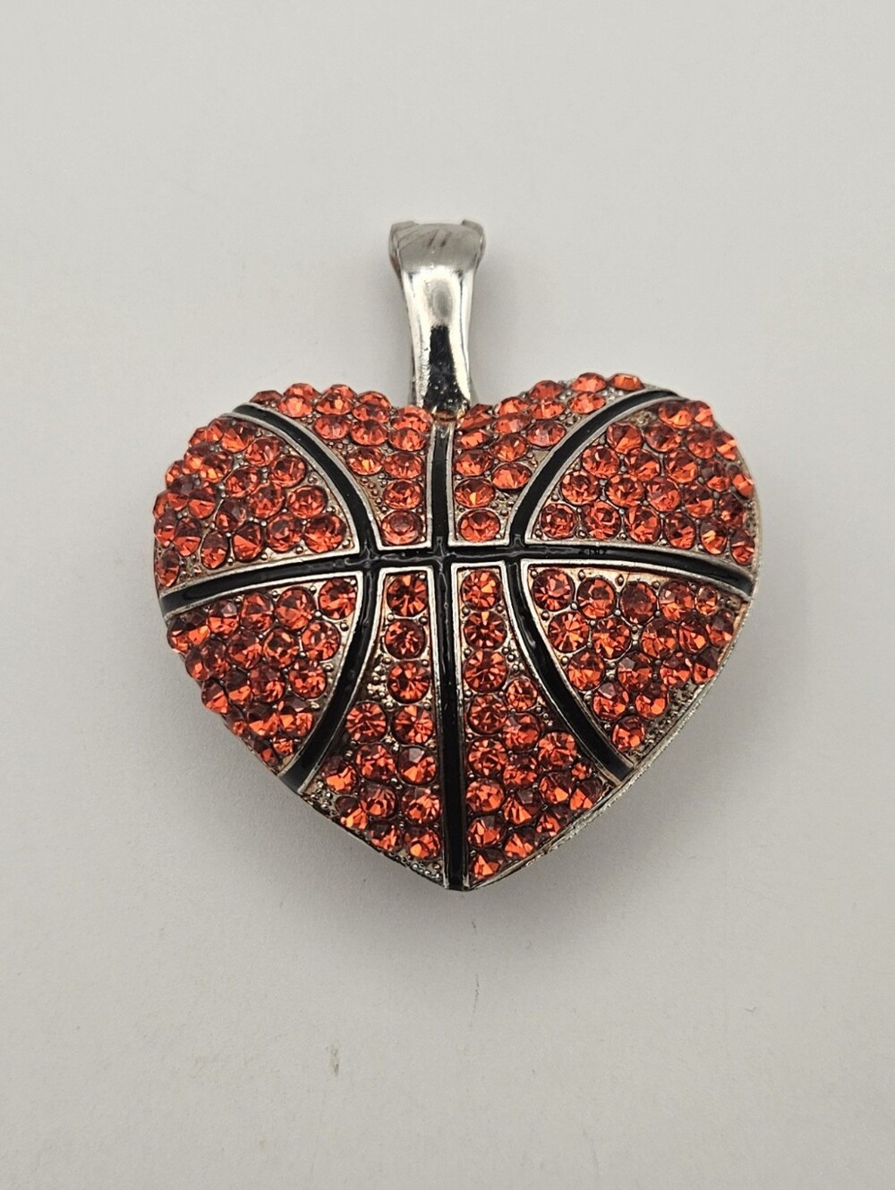 Orange Pave Rhinestone Basketball Heart Pendant Silver Tone Magnetic Hinged Bail